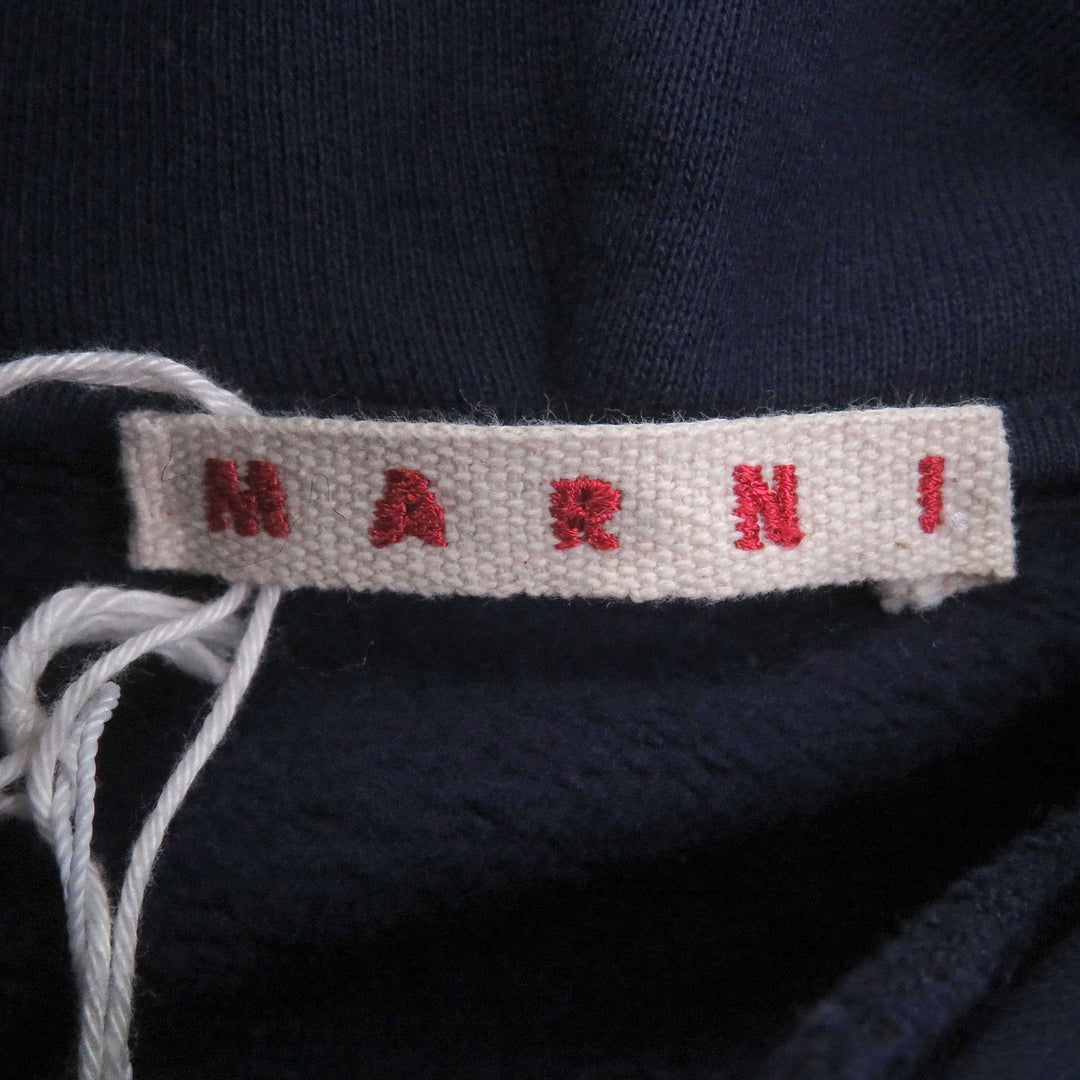 極美品□MARNI マルニ 22AW FUMU0067XQ ロゴ刺繍 フェイクファーフーデッド プルオーバーパーカー フーディー ネイビー 46 正規品 メンズ
