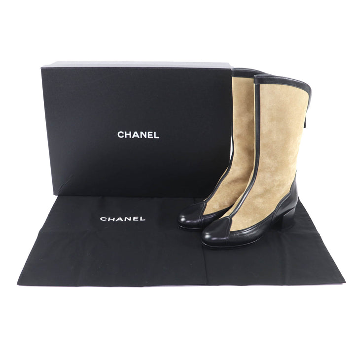 未使用品★CHANEL シャネル 25A G46591 ココマーク金具付 レザー使い バックZIP スウェードレザー ロングブーツ ベージュ 黒 38 箱付