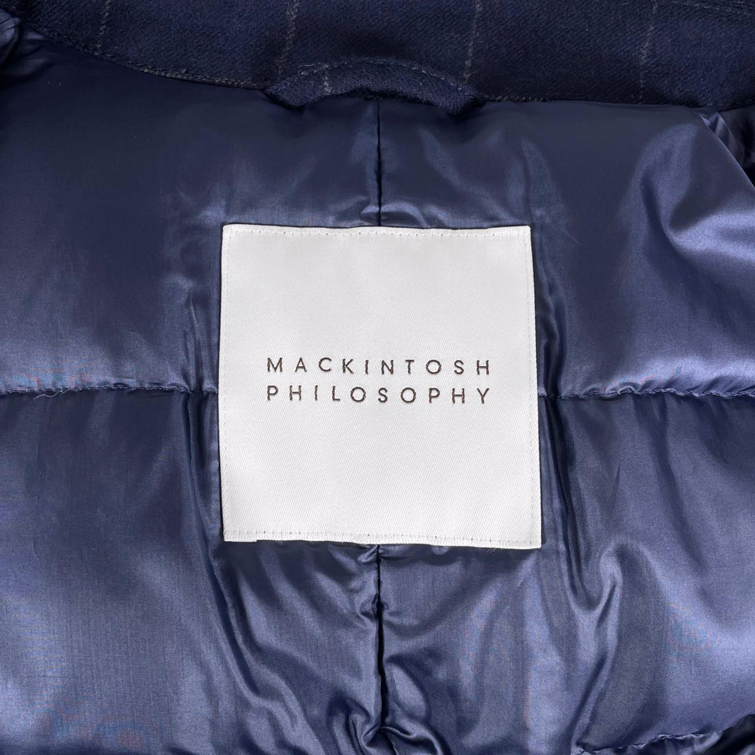 美品▲MACKINTOSH PHILOSOPHY マッキントッシュフィロソフィー ウール100% ロゴボタン フード付 チェック ダウンコート 40 正規品 メンズ