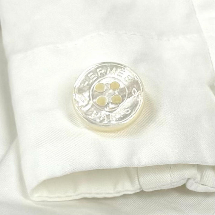 極美品★HERMES エルメス 4H0571DV コットン100％ フリル襟 長袖 ジップアップ ドレス シャツ ワンピース ホワイト 34 仏製 レディース