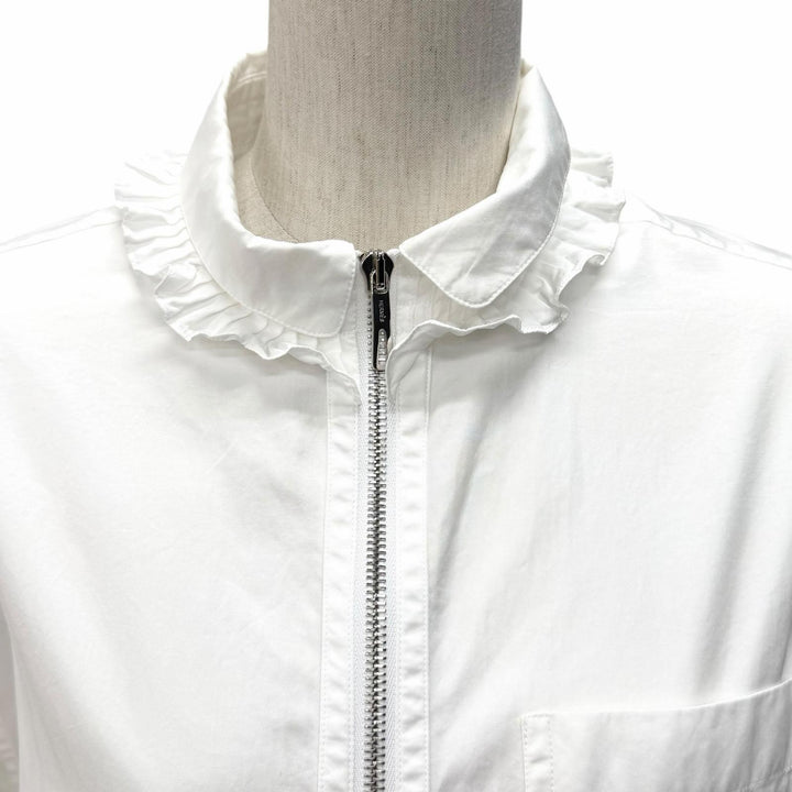 極美品★HERMES エルメス 4H0571DV コットン100％ フリル襟 長袖 ジップアップ ドレス シャツ ワンピース ホワイト 34 仏製 レディース