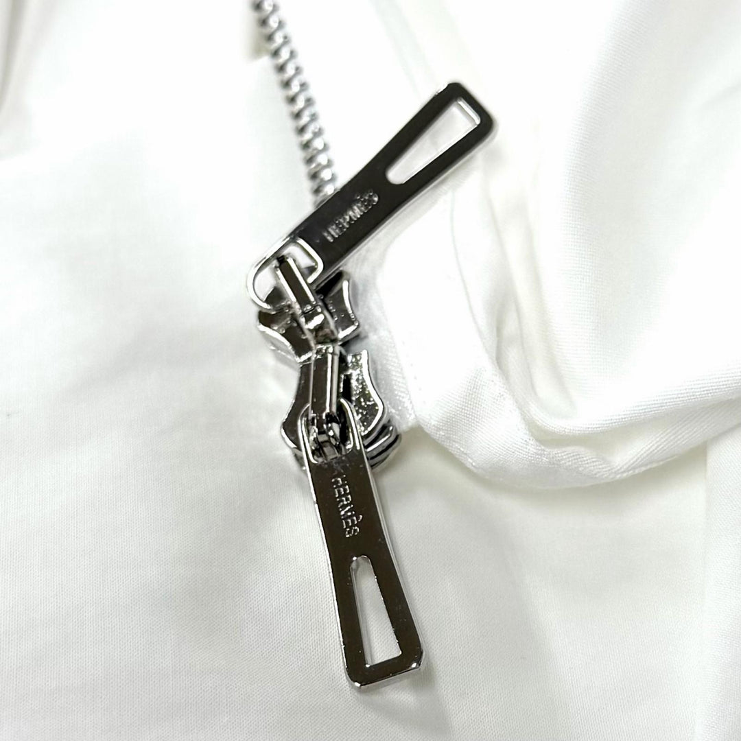 極美品★HERMES エルメス 4H0571DV コットン100％ フリル襟 長袖 ジップアップ ドレス シャツ ワンピース ホワイト 34 仏製 レディース