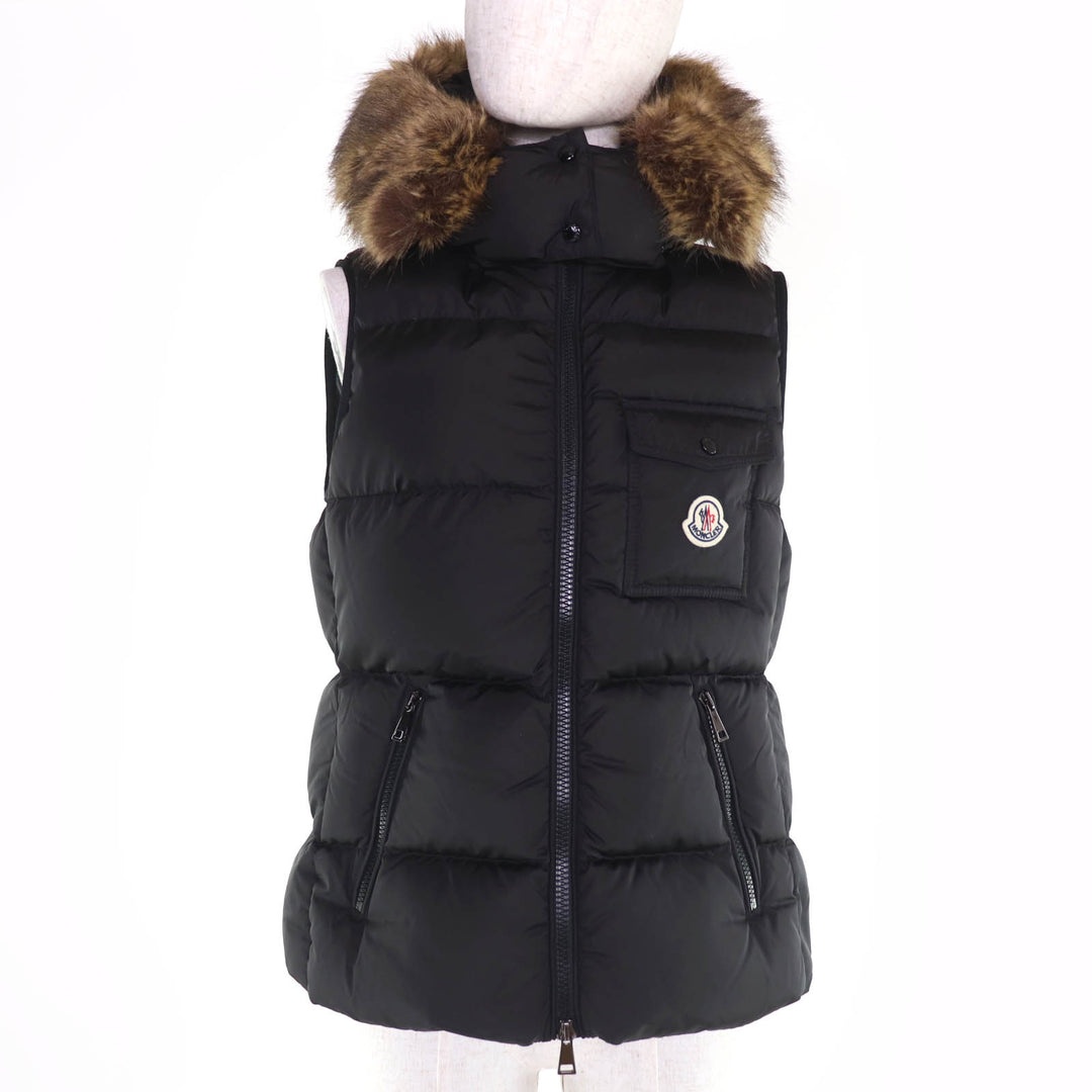 極美品☆MONCLER モンクレール BAIRON ロゴワッペン・フード付 ZIP ダウンベスト ブラック 1 正規品 ハンガー・ガーメント付 レディース