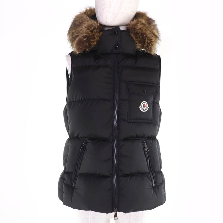 極美品☆MONCLER モンクレール BAIRON ロゴワッペン・フード付 ZIP ダウンベスト ブラック 1 正規品 ハンガー・ガーメント付 レディース
