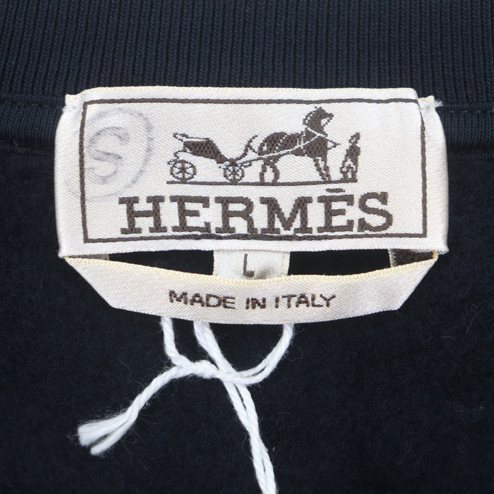 未使用品▼HERMES エルメス ETRIERS DECALES レザー使 クルーネック 裏起毛 ロングスリーブ プルオーバー スウェット ダークネイビー L
