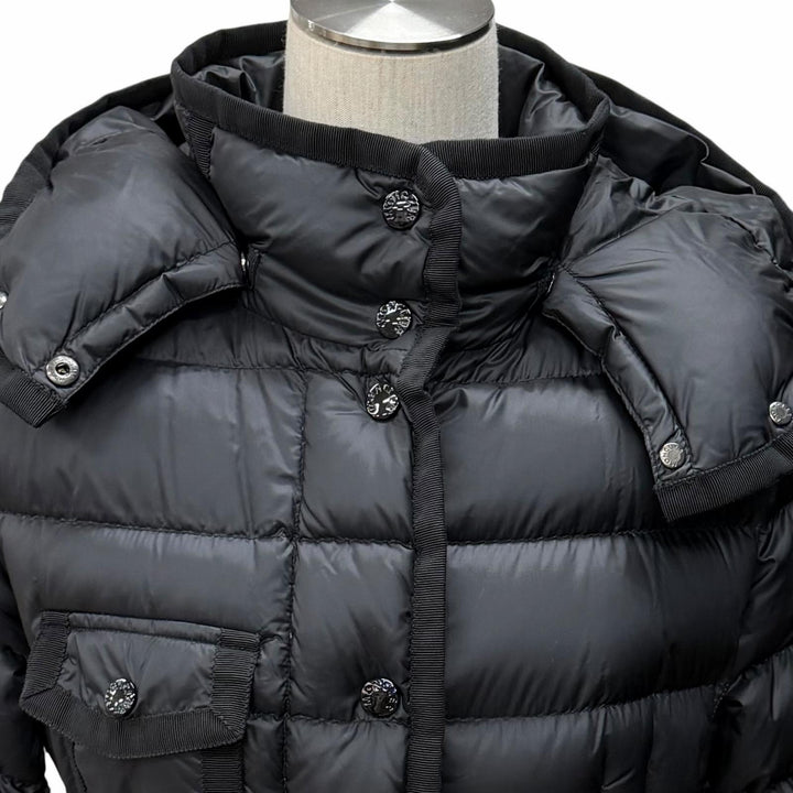 美品★MONCLER モンクレール 2023年製 HERMINE ロゴワッペン・フード付 ダウンコート ダウンジャケット ブラック 0 正規品 レディース
