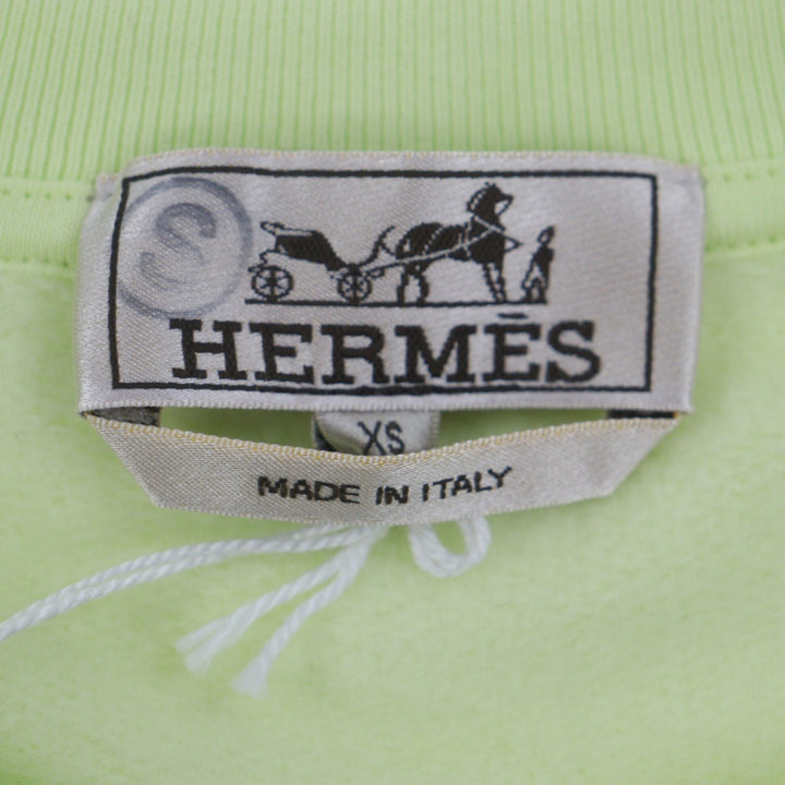 極美品▼HERMES エルメス シュヴォー アン シンメトリー レザー使い クルーネック 裏起毛 プルオーバー スウェット ライム XS 正規品