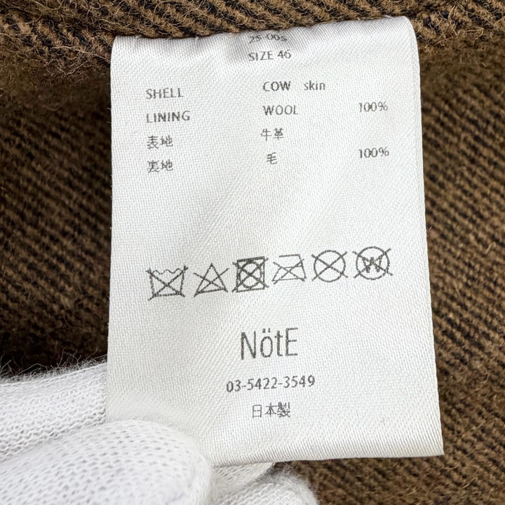 良品△NotE ノート 25-005 牛革 ウール 裏地ウール100％ ベルト付き レザーロングコート コート ブラウン 46 日本製 メンズ