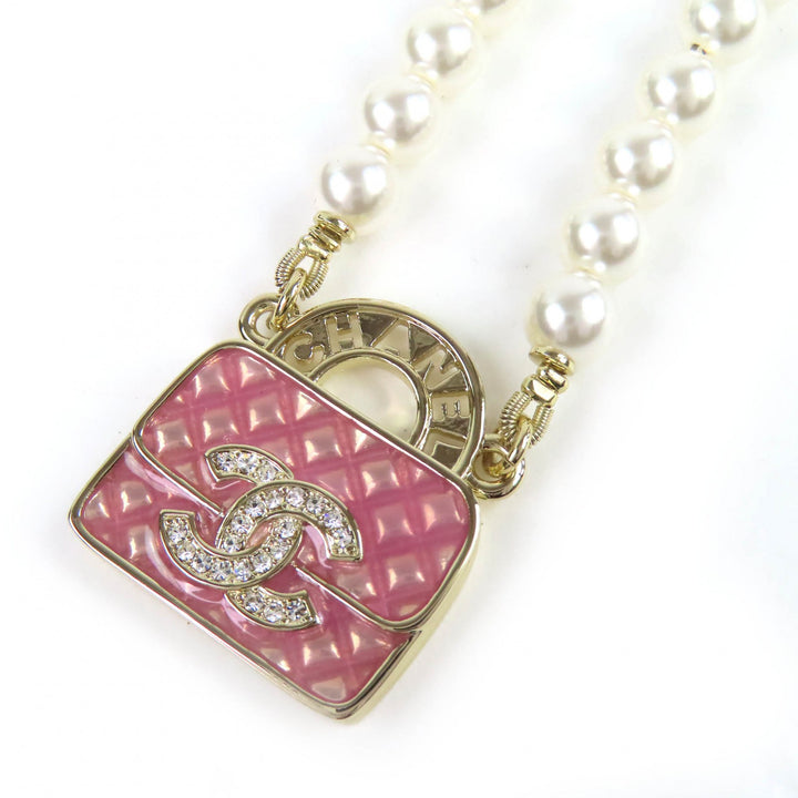 極美品△CHANEL シャネル 2024年製 B24S ABD331 B16656 ココマーク ラインストーン マトラッセバッグモチーフ フェイクパール ネックレス