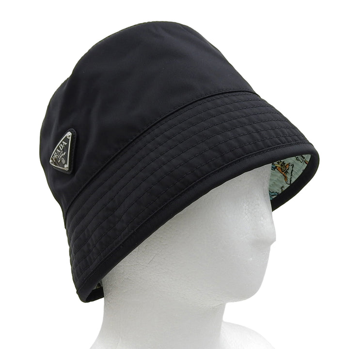 極美品▲PRADA プラダ 2025年製 2HC137 レザー使い トライアングルロゴ リバーシブル バケットハット ブラック M メンズ 保存袋付き