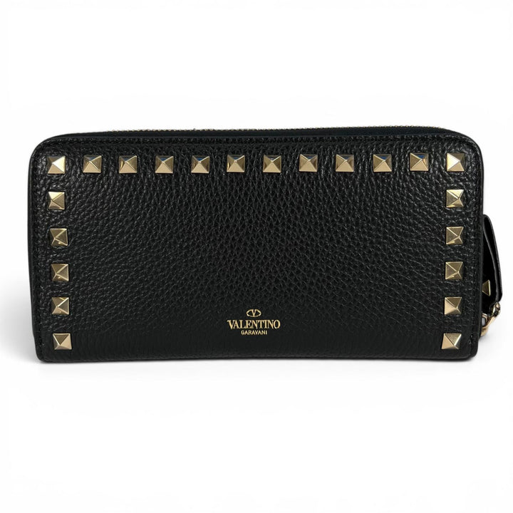 極美品▲Valentino Garavani ヴァレンティノガラヴァーニ ロックスタッズ ラウンドジップ レザー 長財布 ブラック ゴールド レディース