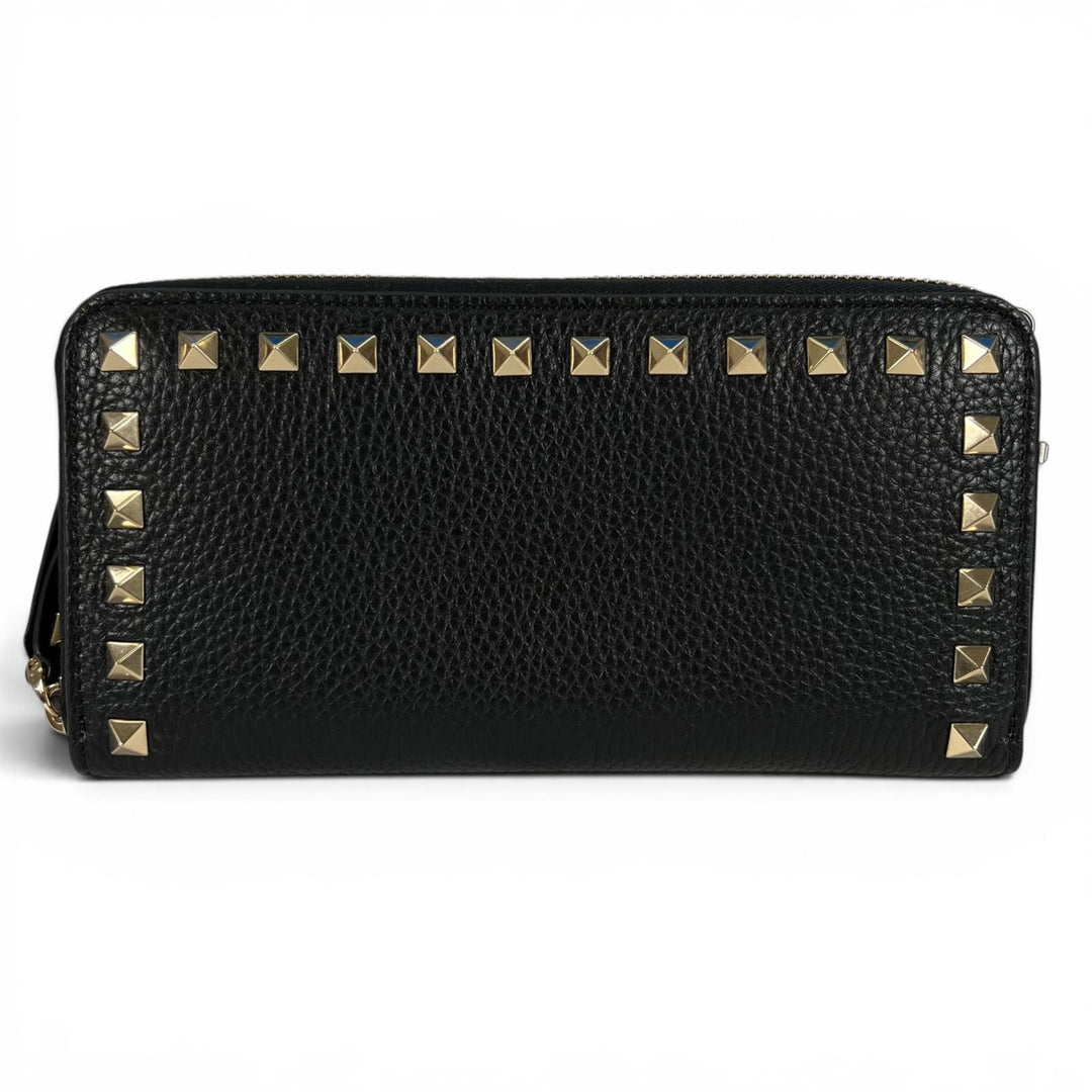 極美品▲Valentino Garavani ヴァレンティノガラヴァーニ ロックスタッズ ラウンドジップ レザー 長財布 ブラック ゴールド レディース