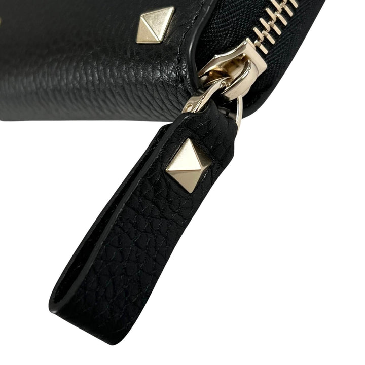 極美品▲Valentino Garavani ヴァレンティノガラヴァーニ ロックスタッズ ラウンドジップ レザー 長財布 ブラック ゴールド レディース