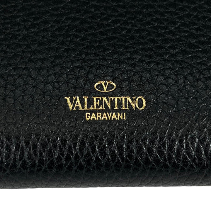 極美品▲Valentino Garavani ヴァレンティノガラヴァーニ ロックスタッズ ラウンドジップ レザー 長財布 ブラック ゴールド レディース