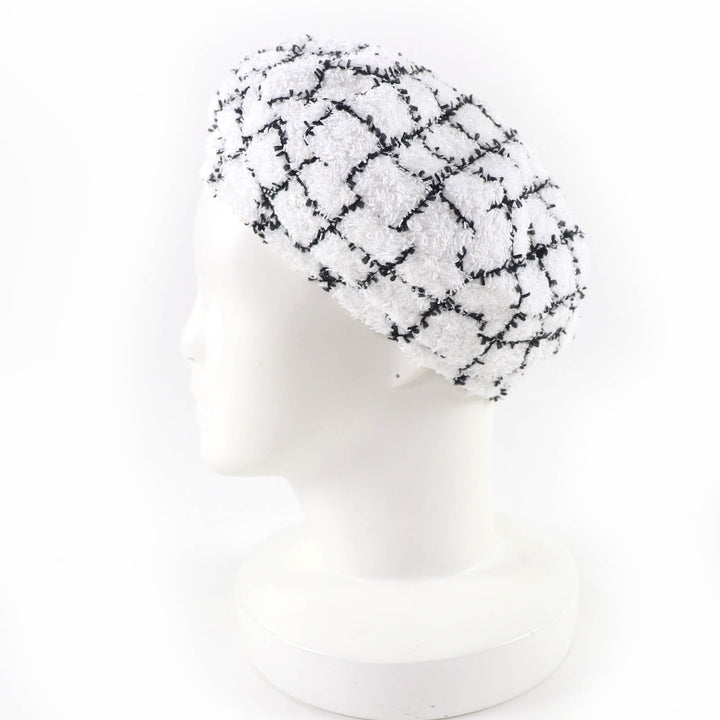 極美品☆CHANEL シャネル 19C コットン ココマーク ツイード ベレー帽 ホワイト ブラック M イタリア製 正規品 レディース