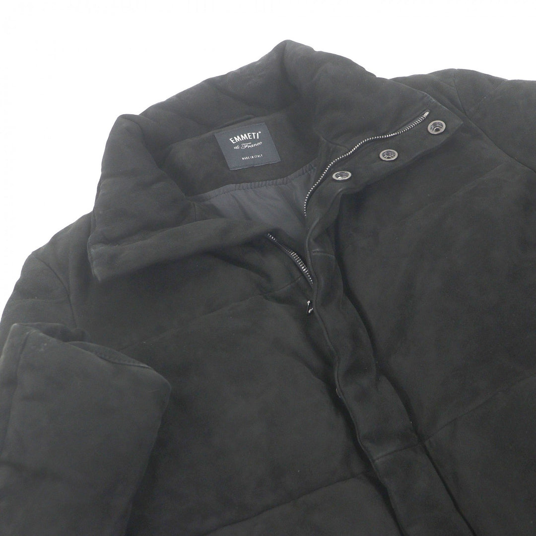 良品□EMMETI エンメティ ヤギ革 WZIP ロゴボタン スタンドカラー スウェード ダウンジャケット ブラック 48 イタリア製 国内正規品