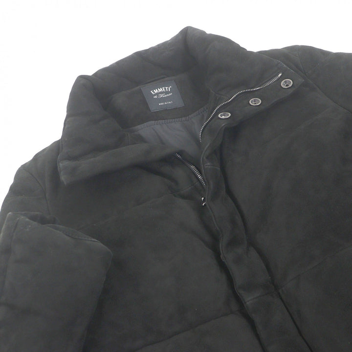 良品□EMMETI エンメティ ヤギ革 WZIP ロゴボタン スタンドカラー スウェード ダウンジャケット ブラック 48 イタリア製 国内正規品