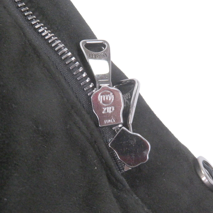 良品□EMMETI エンメティ ヤギ革 WZIP ロゴボタン スタンドカラー スウェード ダウンジャケット ブラック 48 イタリア製 国内正規品