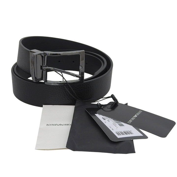 未使用品▲EMPORIO ARMANI エンポリオ アルマーニ Y4S195 ピンバックル リバーシブル レザー ベルト ブラック ブラック金具 伊製 メンズ