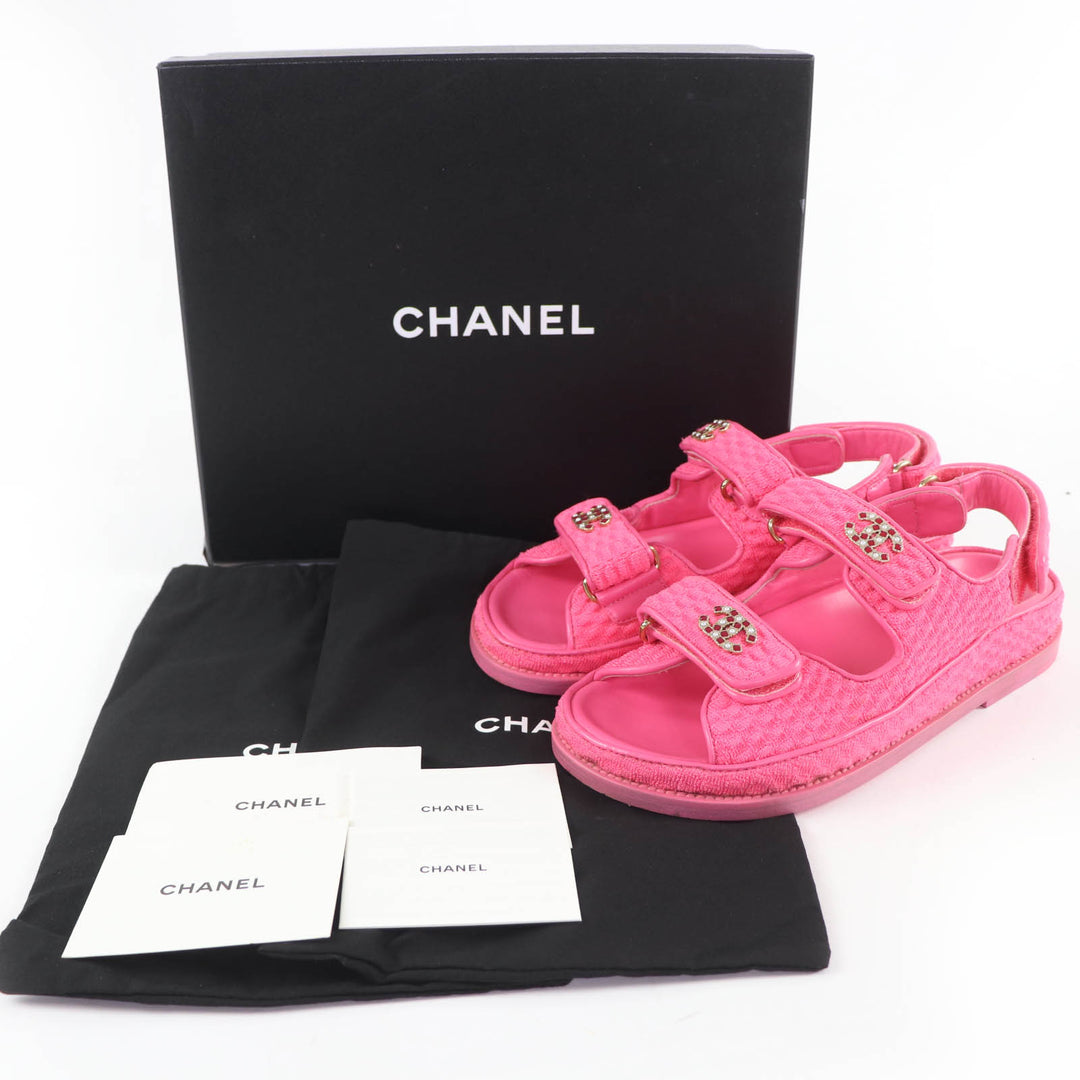 美品☆CHANEL シャネル 22SS G35927 レザー使い ココマーク ツイード ベルクロ フラット サンダル ピンク 36 イタリア製 レディース