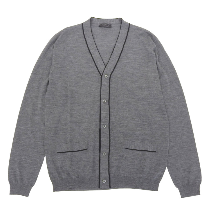 極美品▲PRADA プラダ 2024年製 UMG346 バージンウール100％ トライアングルロゴ カーディガン グレー 48 イタリア製 正規品 メンズ