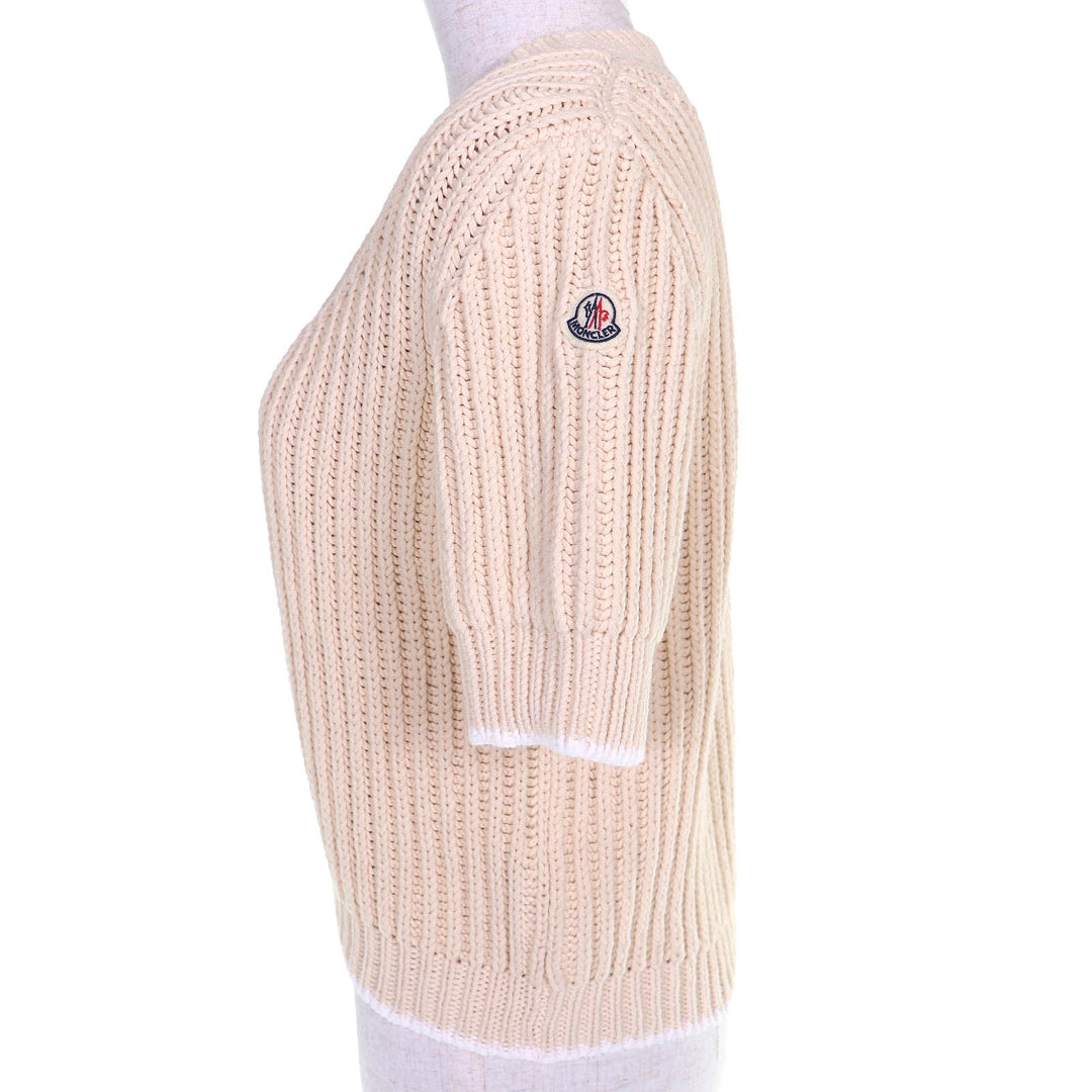 極美品△MONCLER モンクレール 2023年製 GIROCOLLO TRICOT コットン ロゴワッペン 半袖 ニット ベージュ S イタリア製 正規品 レディース