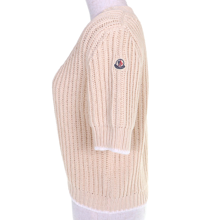 極美品△MONCLER モンクレール 2023年製 GIROCOLLO TRICOT コットン ロゴワッペン 半袖 ニット ベージュ S イタリア製 正規品 レディース