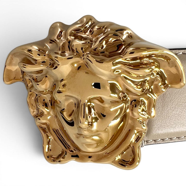 美品▲VERSACE ヴェルサーチ メデューサバックル レザーベルト アイボリー ゴールド金具 90/36 イタリア製 メンズ