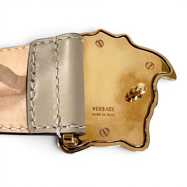 美品▲VERSACE ヴェルサーチ メデューサバックル レザーベルト アイボリー ゴールド金具 90/36 イタリア製 メンズ