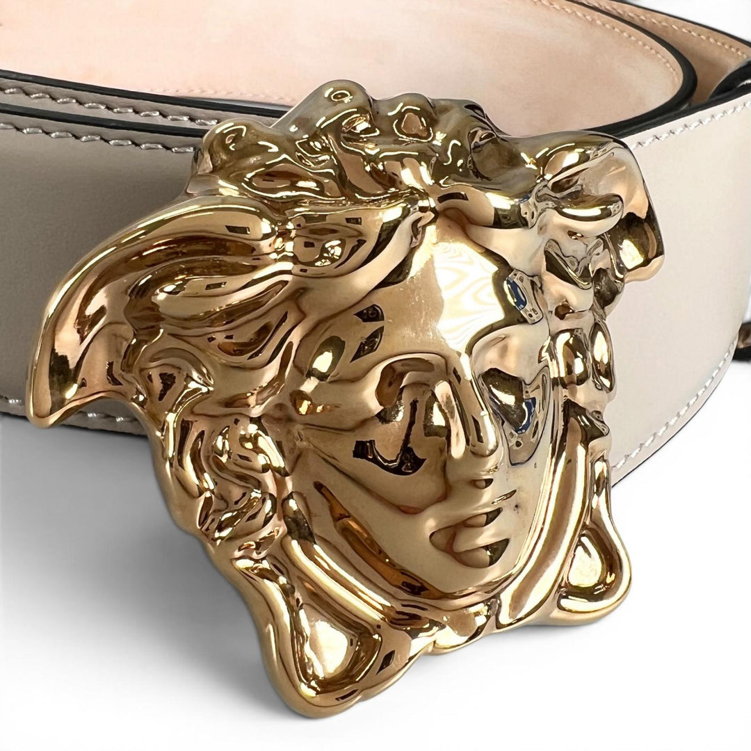美品▲VERSACE ヴェルサーチ メデューサバックル レザーベルト アイボリー ゴールド金具 90/36 イタリア製 メンズ