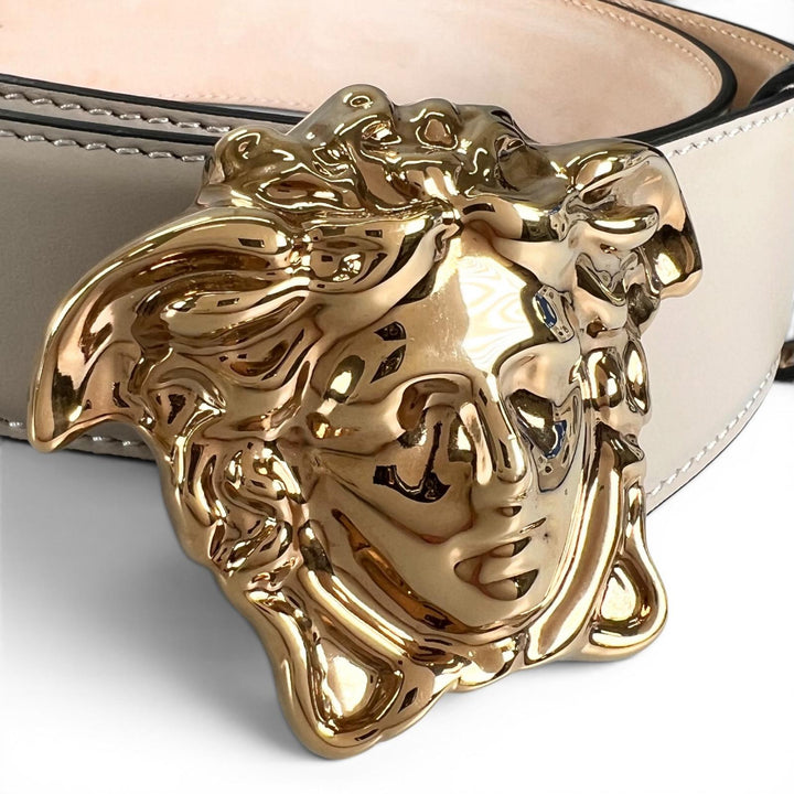 美品▲VERSACE ヴェルサーチ メデューサバックル レザーベルト アイボリー ゴールド金具 90/36 イタリア製 メンズ