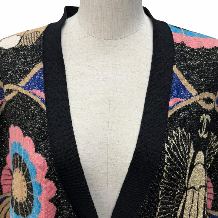 極美品★CHANEL シャネル P61687 ココマークボタン付 ラメ入り 総柄 Vネック カシミヤ カーディガン マルチ 42 イタリア製 レディース