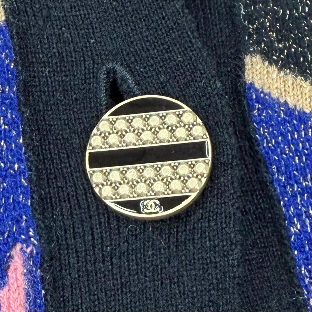 極美品★CHANEL シャネル P61687 ココマークボタン付 ラメ入り 総柄 Vネック カシミヤ カーディガン マルチ 42 イタリア製 レディース