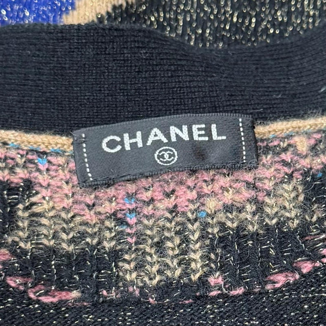 極美品★CHANEL シャネル P61687 ココマークボタン付 ラメ入り 総柄 Vネック カシミヤ カーディガン マルチ 42 イタリア製 レディース