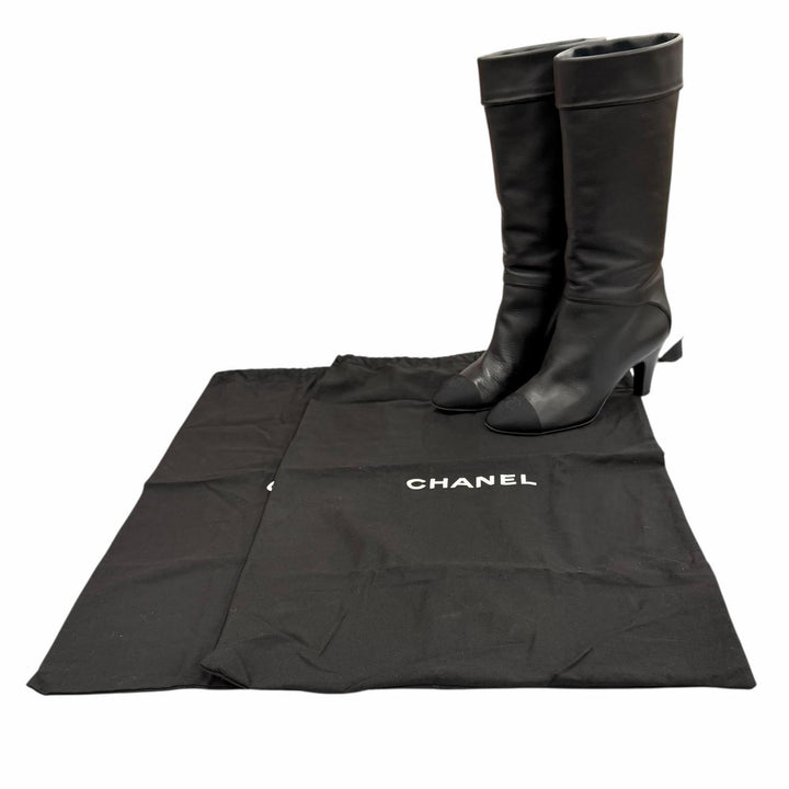 美品◇CHANEL シャネル G36438 ココマークステッチ チャンキーヒール ラウンドトゥ レザー ロングブーツ 黒 36.5 保存袋付き イタリア製