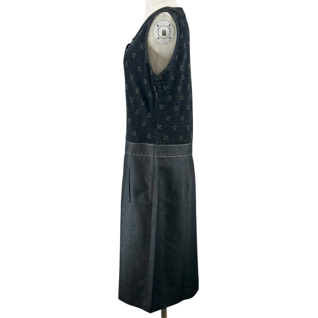 極美品▲LEONARD FASHION レオナール ファッション シルク モノグラム柄 ノースリーブ ワンピース ブラック L 日本製 正規品 レディース