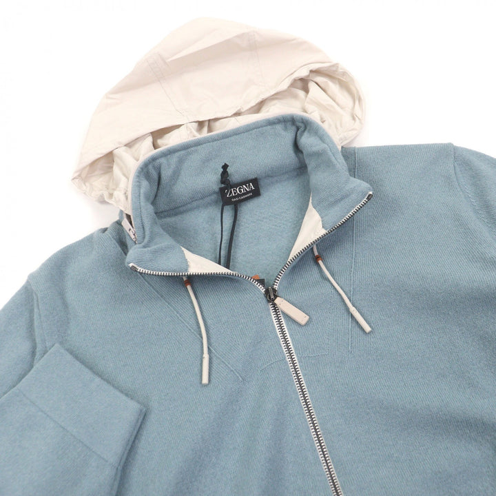 未使用品□Zegna ゼニア 2022年製 Oasi Cashmere カシミヤ100％ ジップアップ フード入 ブルゾンジャケット ライトブルー 48 イタリア製