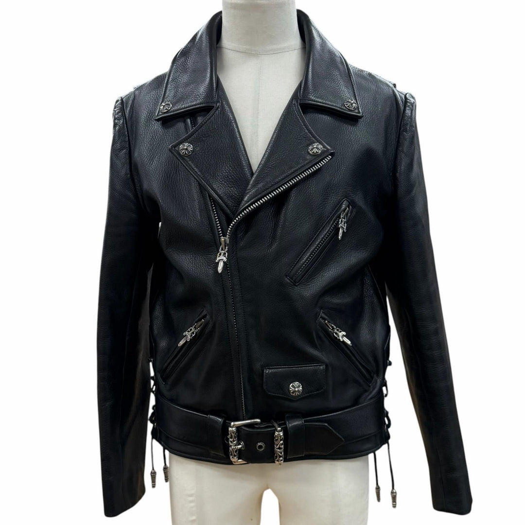 良品▼CHROME HEARTS クロムハーツ JJ DEAN2 レザー ジップアップ ダブル ライダースジャケット ブラック M 正規品 メンズ インボイス付