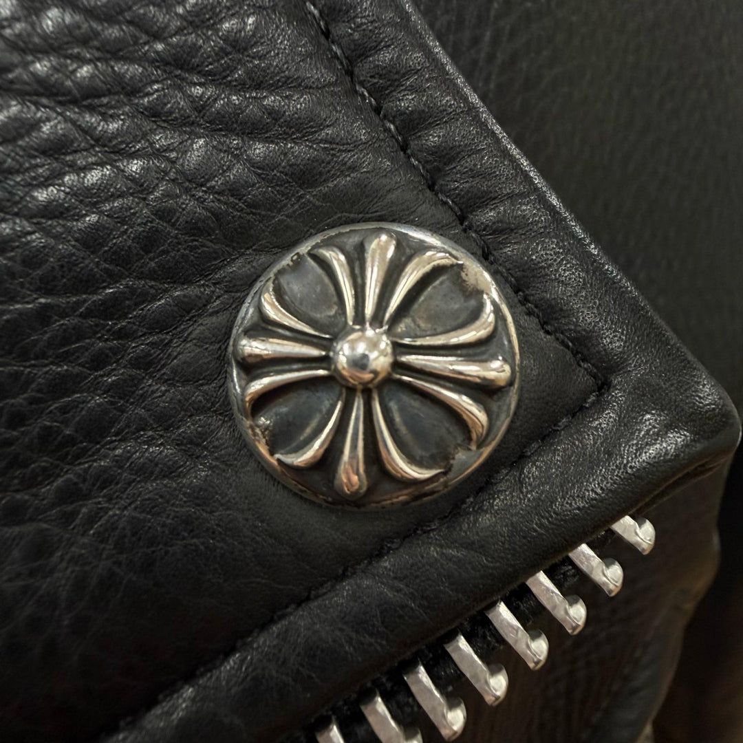 良品▼CHROME HEARTS クロムハーツ JJ DEAN2 レザー ジップアップ ダブル ライダースジャケット ブラック M 正規品 メンズ インボイス付