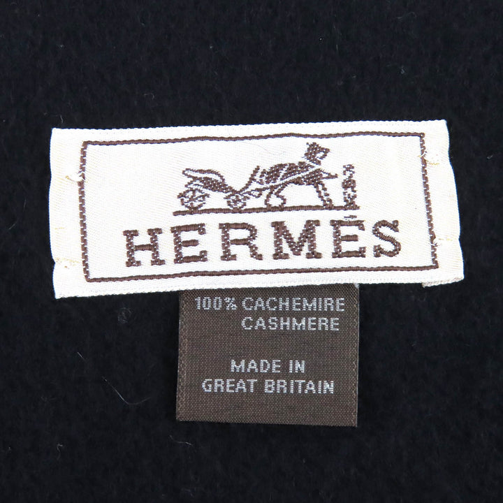 美品△HERMES エルメス カシミヤ100％ ロゴ刺繍 フリンジ マフラー ストール シンプルデザイン ブラック 英国製 メンズ レディース