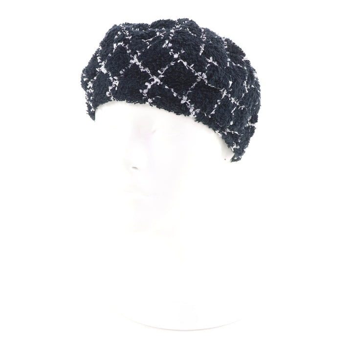 美品★CHANEL シャネル 19C ココマーク 格子柄 ツイード ベレー帽 ブラック ホワイト ブラック金具 M 保存袋付き イタリア製 正規品
