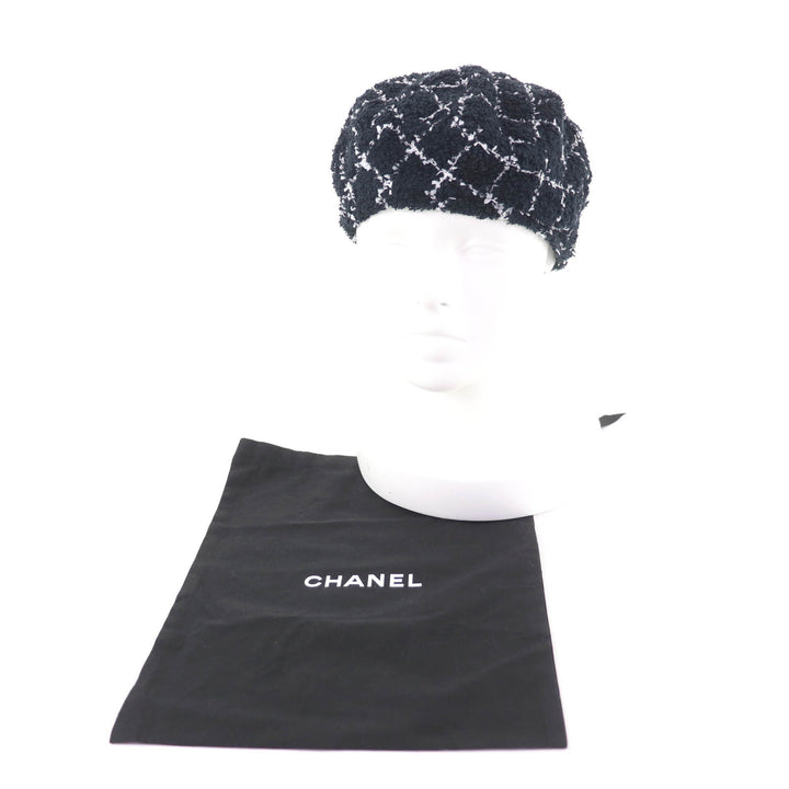 美品★CHANEL シャネル 19C ココマーク 格子柄 ツイード ベレー帽 ブラック ホワイト ブラック金具 M 保存袋付き イタリア製 正規品