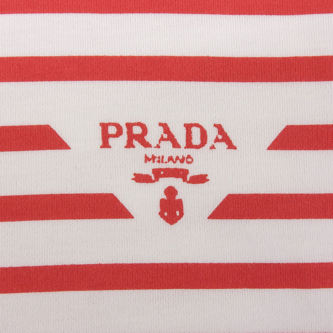未使用品▲PRADA プラダ コットン100％ トライアングルロゴ ボーダー柄 半袖Ｔシャツ レッド ホワイト XS イタリア製 正規品 レディース