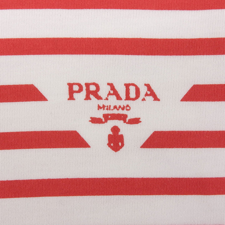 未使用品▲PRADA プラダ コットン100％ トライアングルロゴ ボーダー柄 半袖Ｔシャツ レッド ホワイト XS イタリア製 正規品 レディース