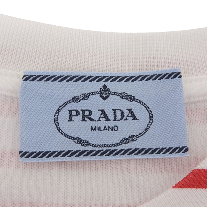 未使用品▲PRADA プラダ コットン100％ トライアングルロゴ ボーダー柄 半袖Ｔシャツ レッド ホワイト XS イタリア製 正規品 レディース