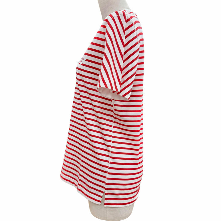 未使用品▲PRADA プラダ コットン100％ トライアングルロゴ ボーダー柄 半袖Ｔシャツ レッド ホワイト XS イタリア製 正規品 レディース