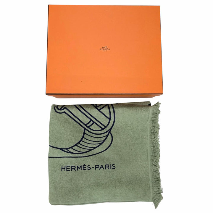未使用品◇HERMES エルメス ヨッティング プラージュ テレサ コットン100％ フリンジ付き 大判ビーチタオル ブランケット グリーン 仏製