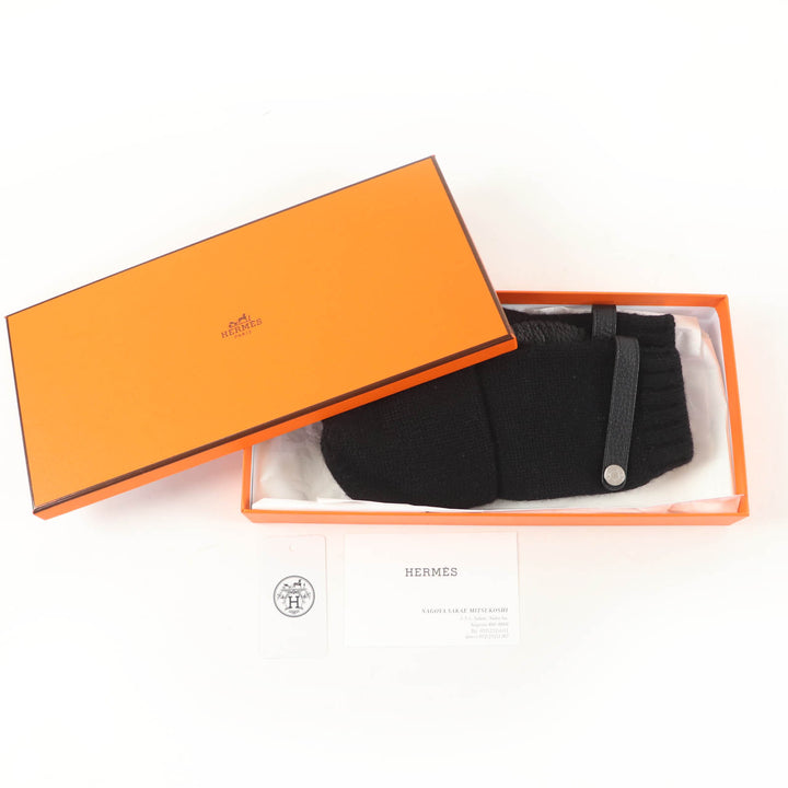 未使用品☆HERMES エルメス ボルチモア ミトン カシミヤ100％ レザー使い シルバー金具 セリエ金具 ニットグローブ 手袋 ブラック S