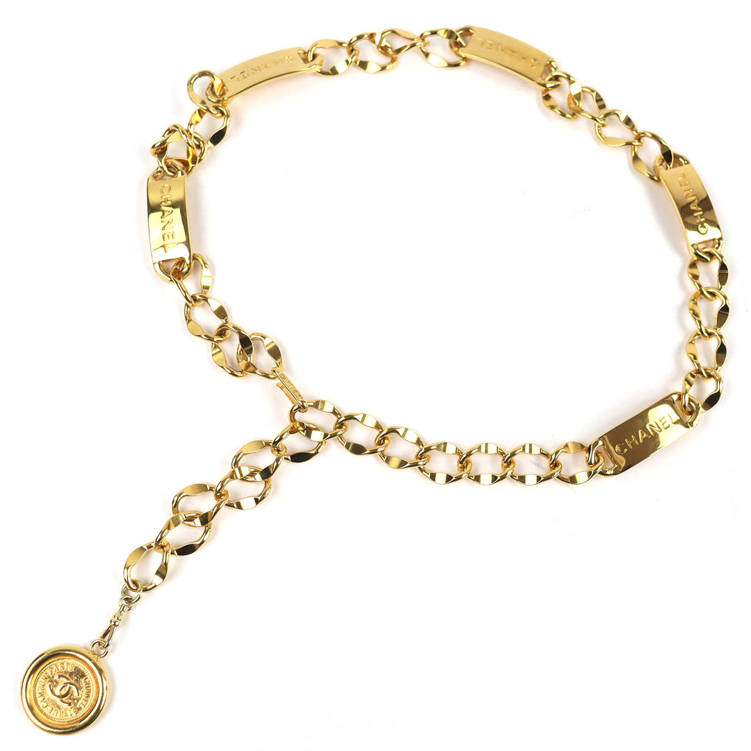 美品△CHANEL シャネル ココマーク コインモチーフ ロゴプレート チェーンベルト 全長約88cm ゴールド レディース オシャレ オススメ◎