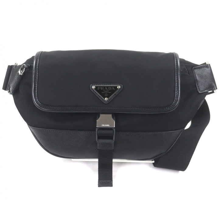 極美品▼PRADA プラダ 2VH176 ナイロン レザー トライアングルロゴ 三角プレート Re-Nylon ボディバッグ ブラック イタリア製 メンズ